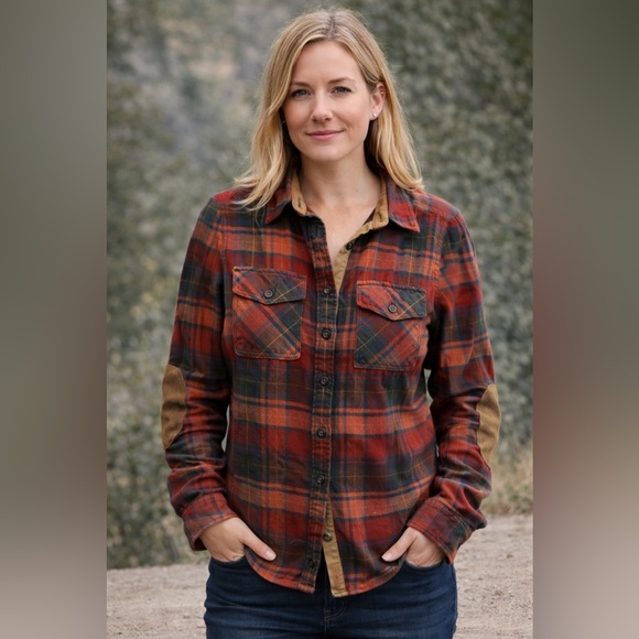 Roots Tops - Roots Canada Heritage Plaid Flannel Shirt – Corduroy Elbow Patches – Size Small